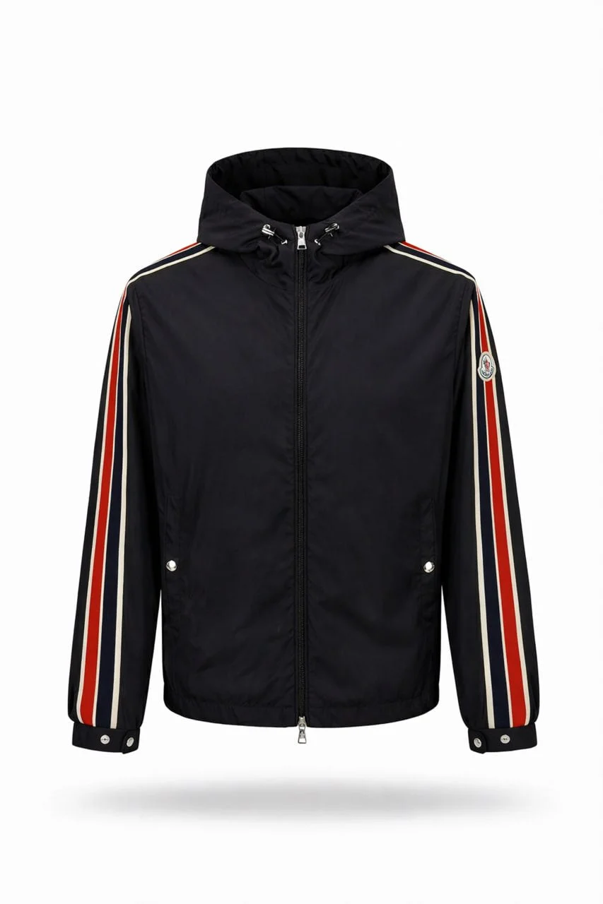 Tricolour Stripe Hooded Jacket – Black
