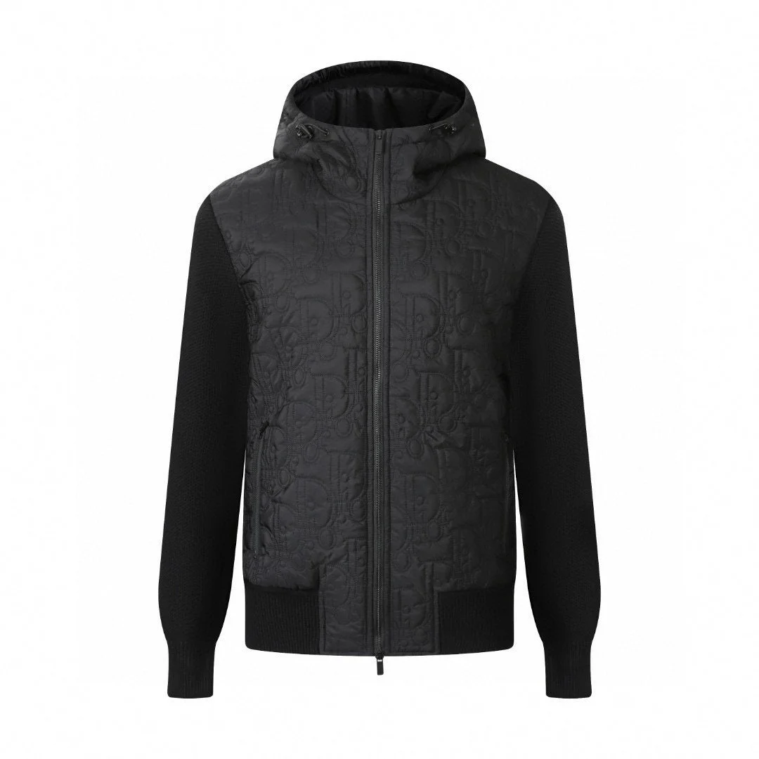 Black Quilted Wool Hooded Zip Jacket