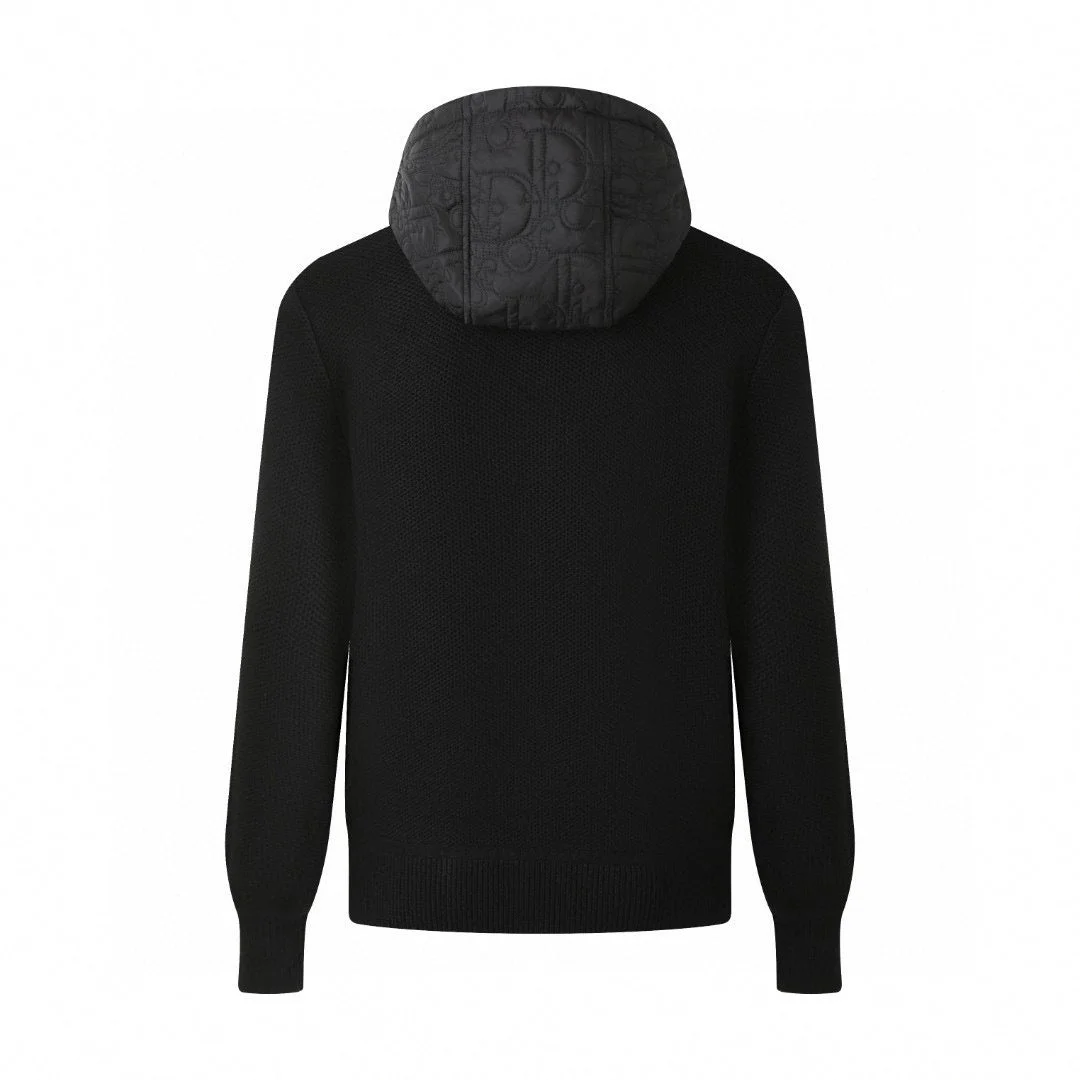 Black Quilted Wool Hooded Zip Jacket
