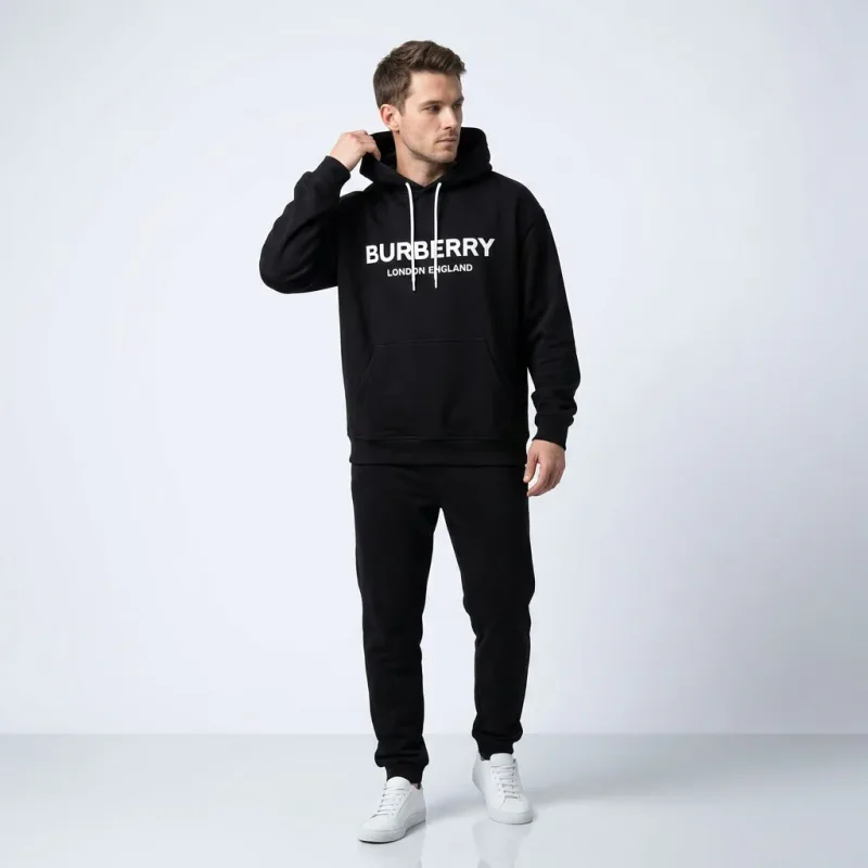 Burberry Logo Print Cotton Hoodie Black