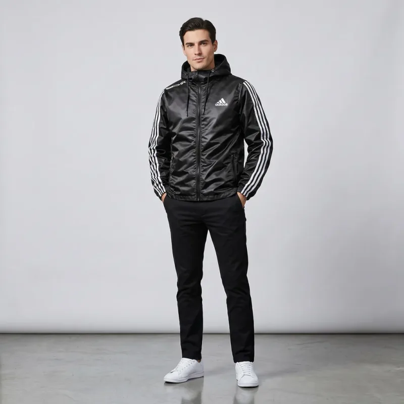 Adidas Three-Stripe Hooded Windbreaker Black Jacket 