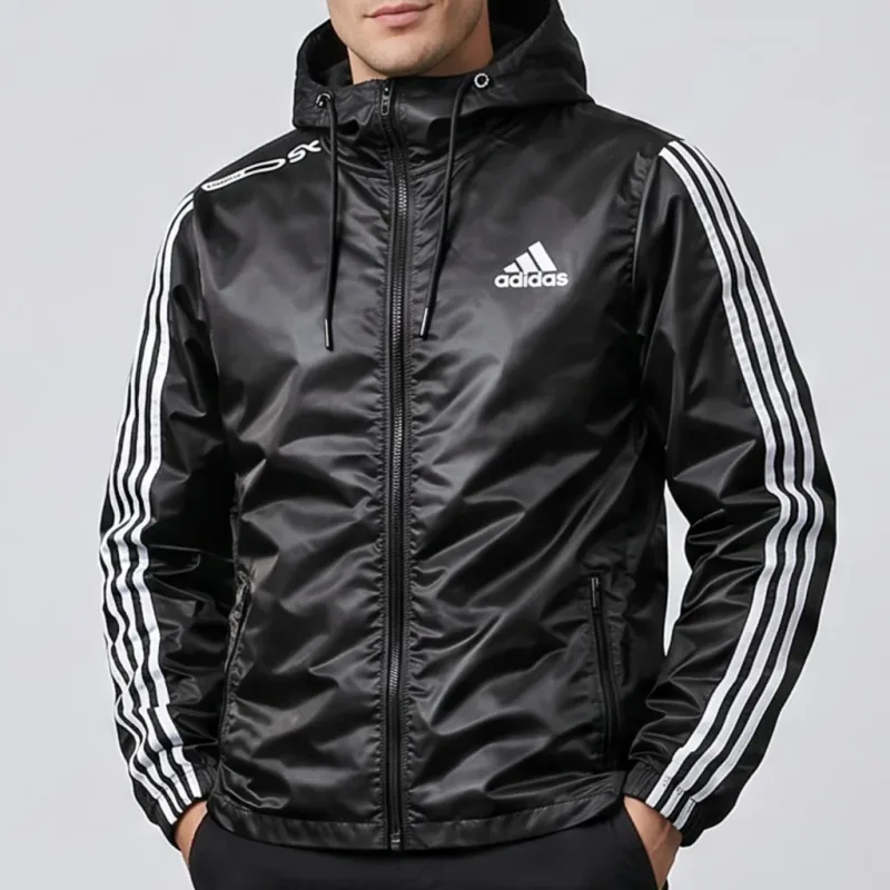 Adidas Three-Stripe Hooded Windbreaker Black Jacket 